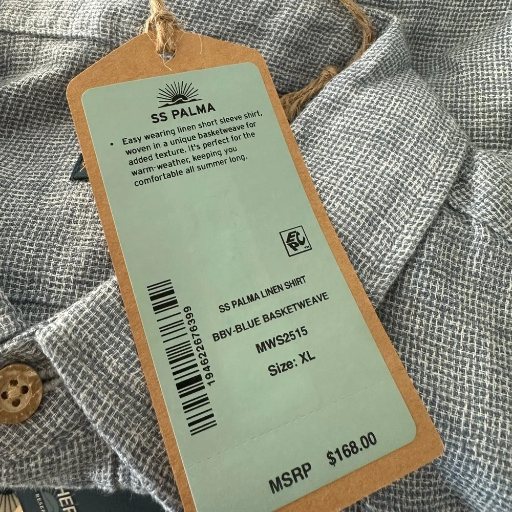 Faherty Short Sleeve Palma Linen Shirt Blue Basketweave XL - Picture 2 of 6